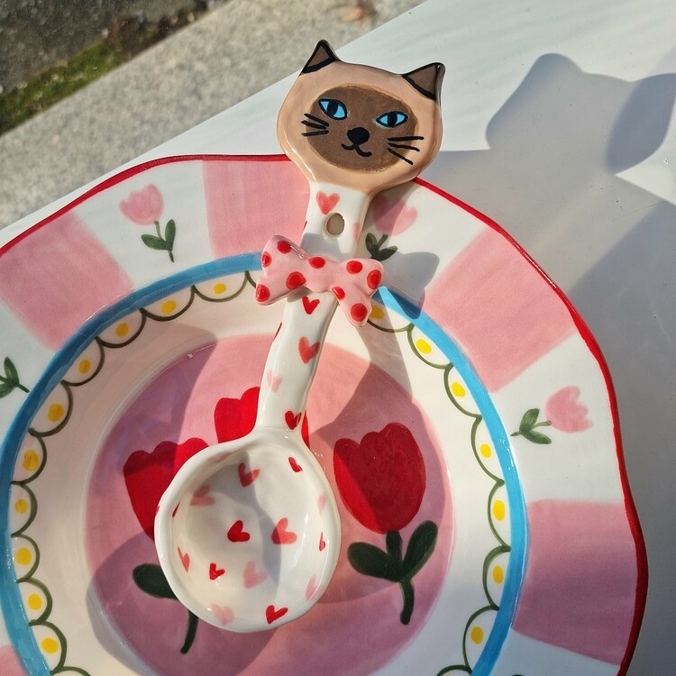 韓國藝術家 手作陶瓷湯匙 貓貓蝴蝶結