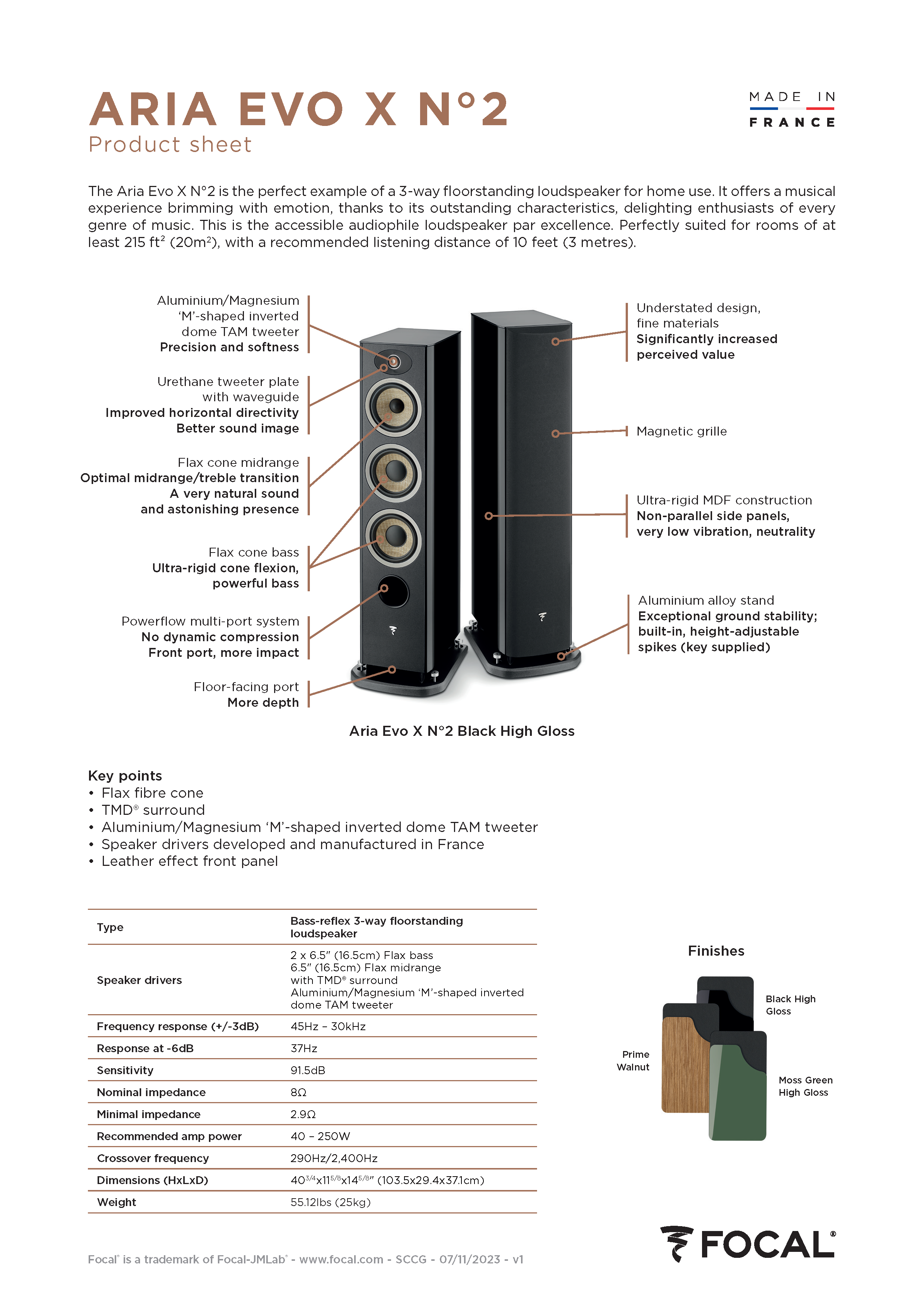 Focal ARIA EVO X N°2 3-way floorstanding loudspeaker Specification