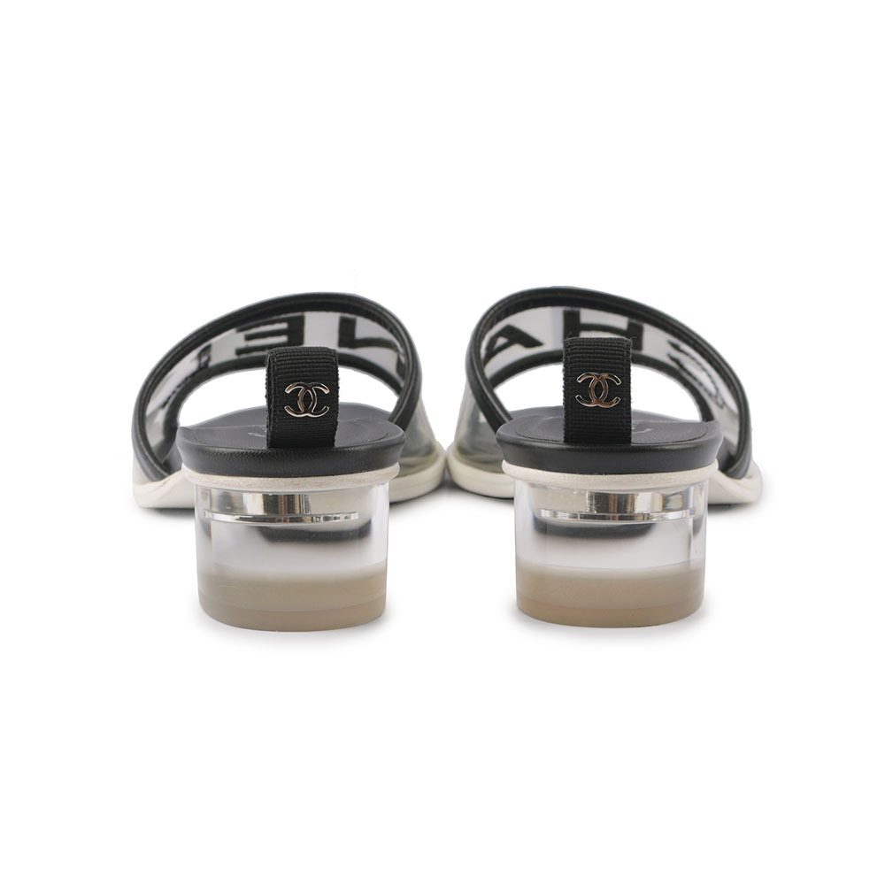 【CHANEL】小羊皮Logo 透明果凍低跟涼鞋/穆勒鞋(黑色) 37.5 CH51040017