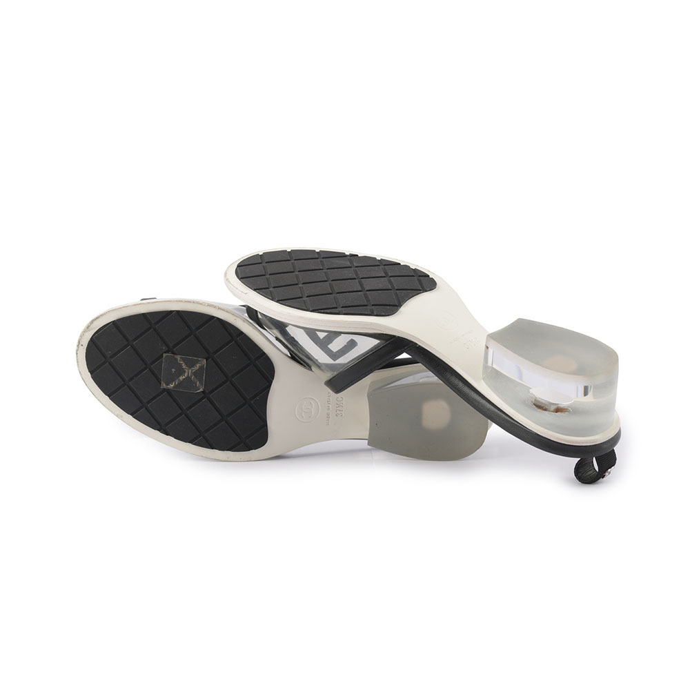 【CHANEL】小羊皮Logo 透明果凍低跟涼鞋/穆勒鞋(黑色) 37.5 CH51040017