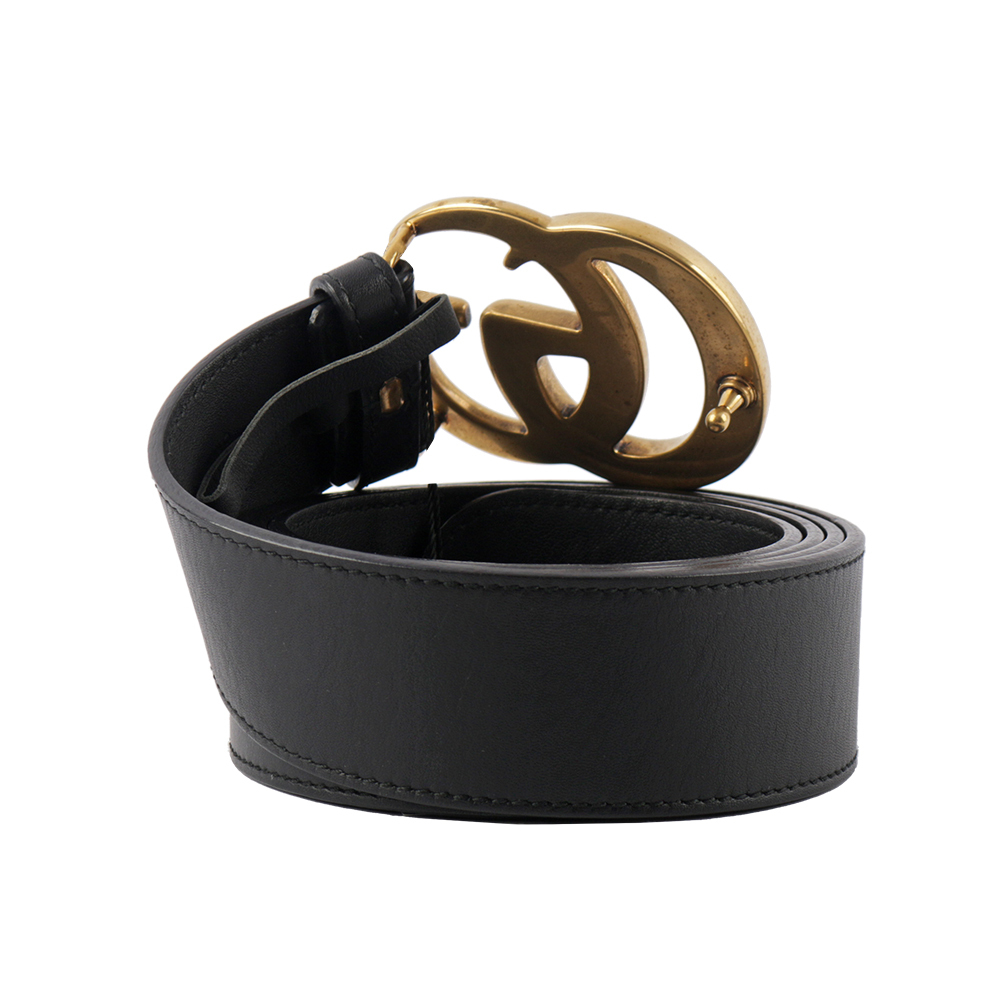 【GUCCI】大雙G霧金Logo牛皮4CM寬皮帶110cm(黑色) 400593 AP00T 1000