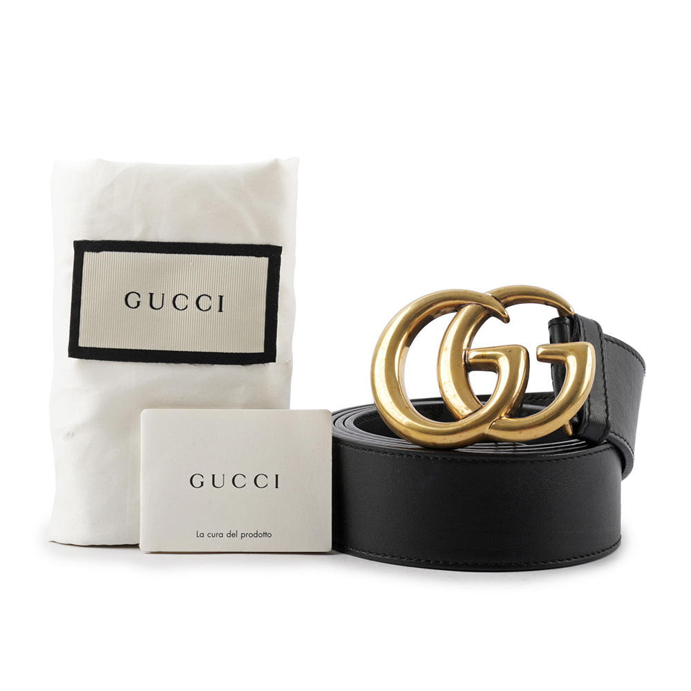 【GUCCI】大雙G霧金Logo牛皮4CM寬皮帶110cm(黑色) 400593 AP00T 1000