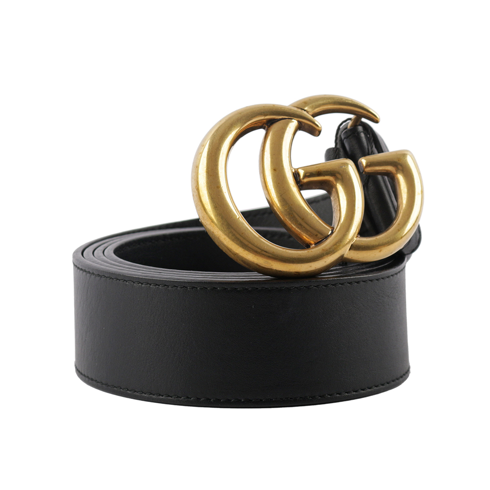 【GUCCI】大雙G霧金Logo牛皮4CM寬皮帶110cm(黑色) 400593 AP00T 1000