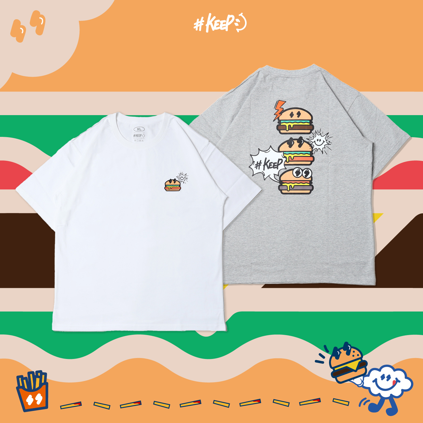 #KEEP HAMBURGER BRO TEE 白色 灰色 漢堡兄弟 插畫 印花 短T 男女款 童裝【KS222】
