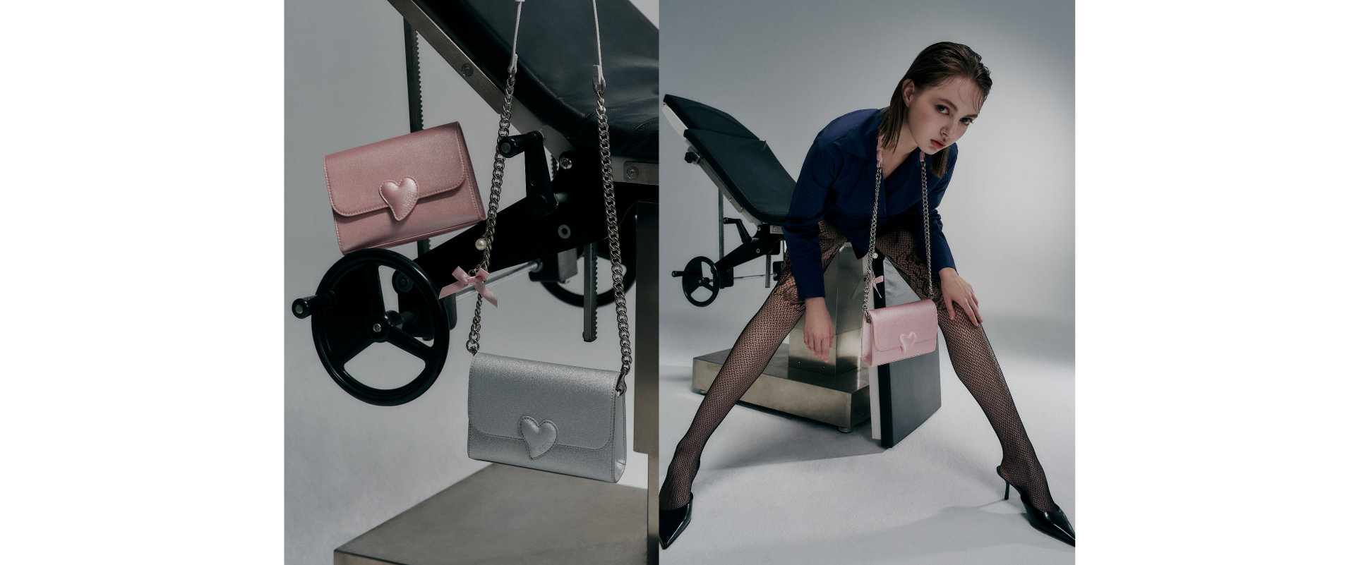 銀色與粉色ROBINMAY 心型圈斜背包近照與模特展示
