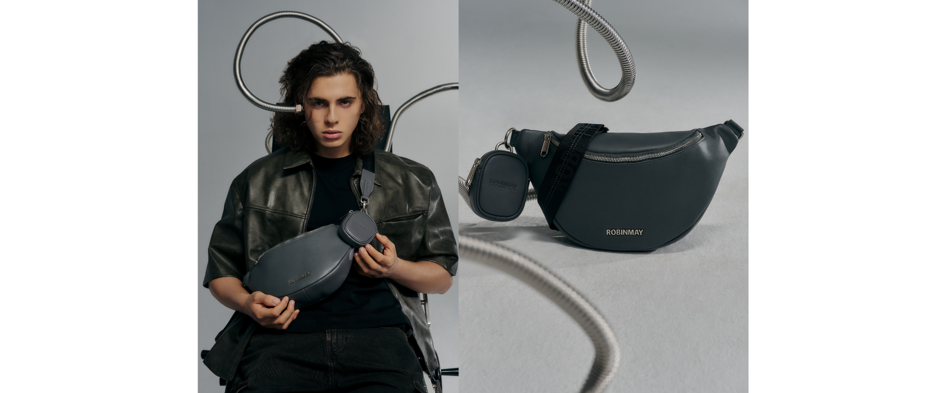 深灰色的夢特真皮RX 胸包。近照跟男模特坐在椅子上展示圖。