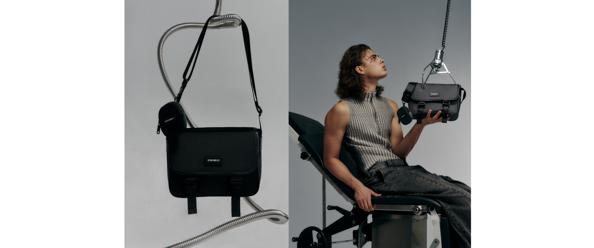 灰色的博特斜背包，商品近照與男模特展示圖。