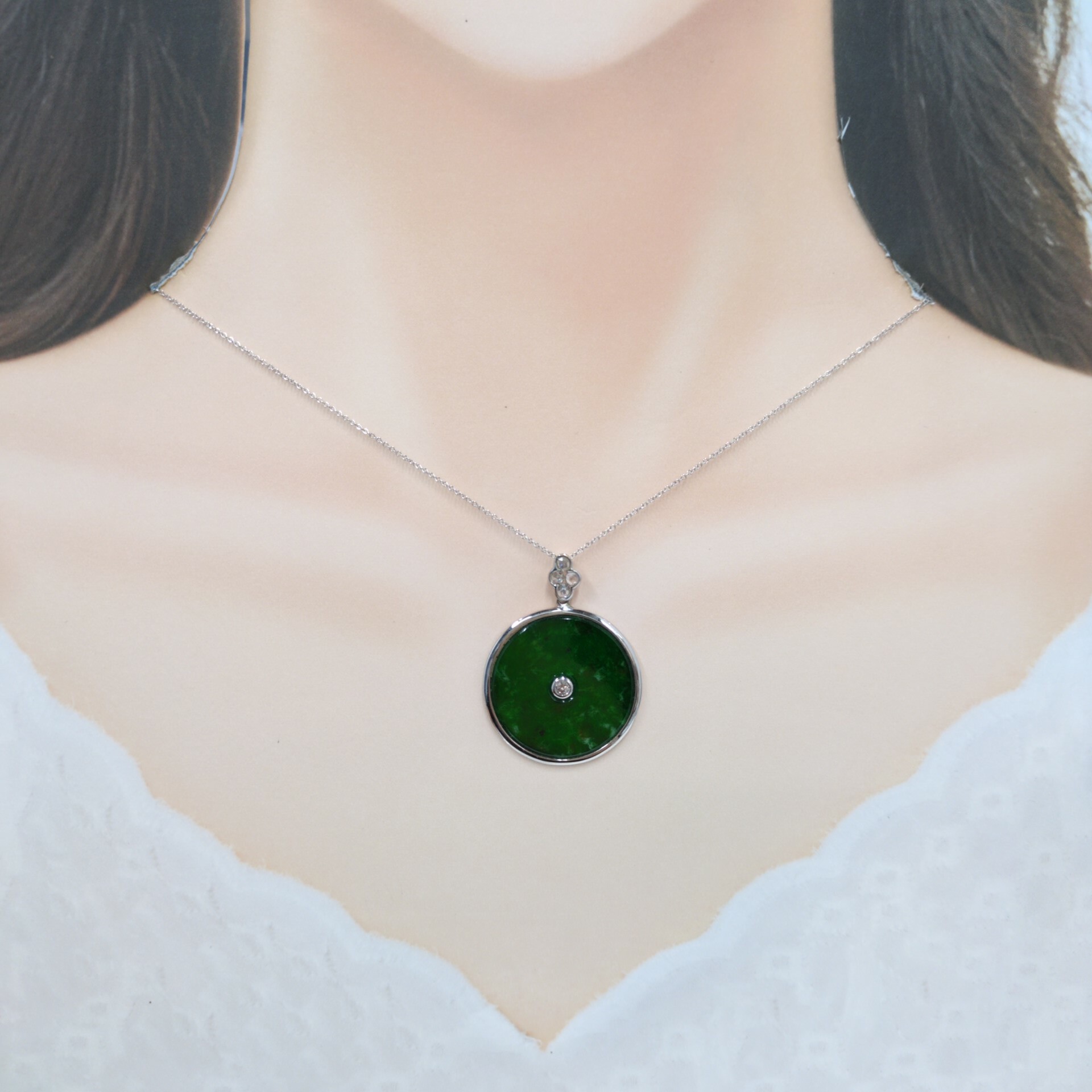 18K White Gold 0.34ct Diamond and Jade Pendant