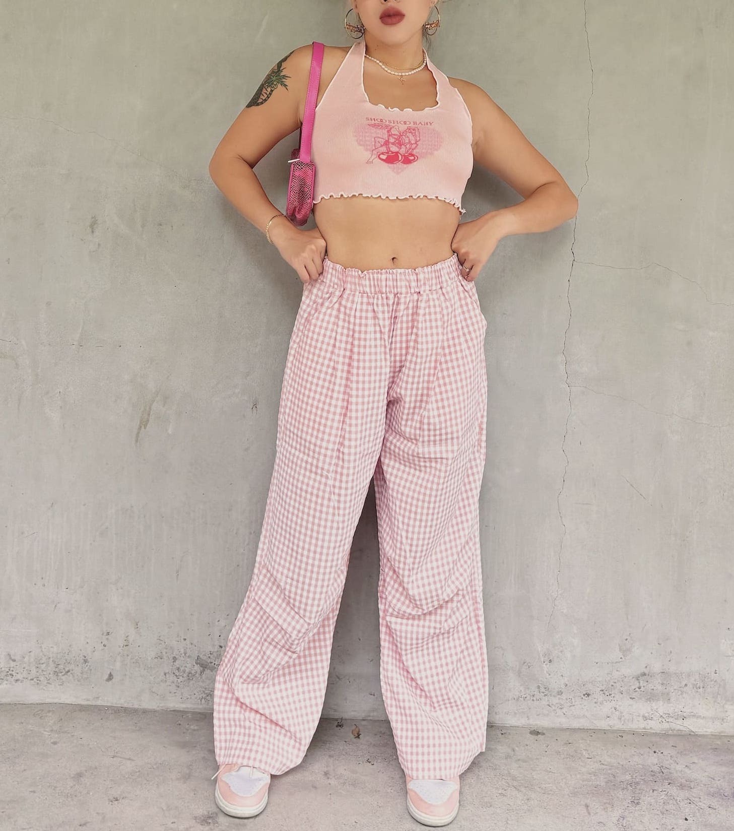 粉Ｑ美式格子寬褲