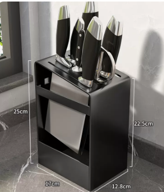 Hot recommended kitchen countertop integrated carbon steel knife rack (black oblique knife holder) (size: 17*12.8*22.5*25CM)