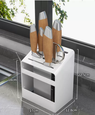 Hot recommended kitchen countertop integrated carbon steel knife rack (white front oblique knife holder) (size: 17*12.8*22.5*18CM)