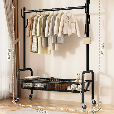 Hot recommendation indoor wheeled storage rack, coat rack and coat rack (black single layer) (size: 120*35*172*154*6.5CM)