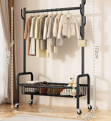 Hot recommended indoor wheeled storage rack, coat rack (black single layer) (size: 100*35*172*154*6.5CM)