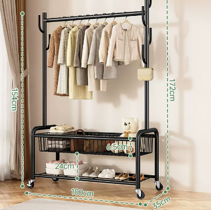 Hot recommendation indoor wheeled storage rack, coat rack and coat rack (black double layer) (size: 100*35*172*154*24*6.5CM)