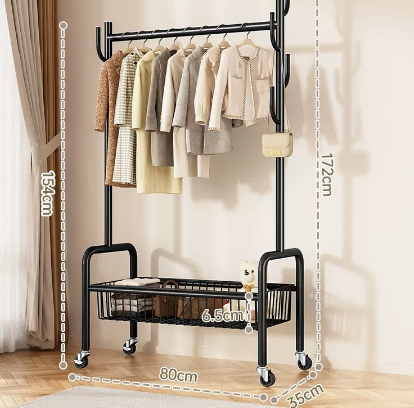Hot recommended indoor wheeled storage rack, coat rack and coat rack (black single layer) (size: 80*35*172*154*6.5CM)