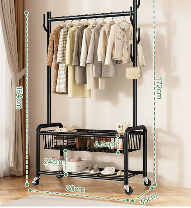 Hot recommended indoor wheeled storage rack, coat rack and coat rack (black double layer) (size: 80*35*172*154*24*6.5CM)