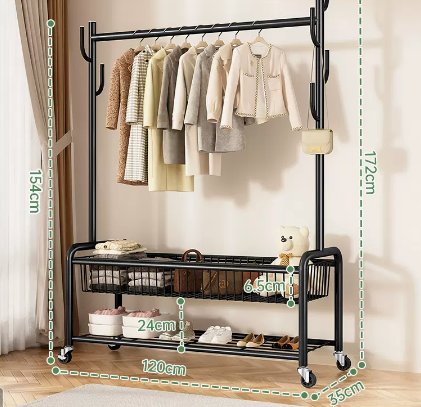 Hot recommendation indoor wheeled storage rack, coat rack and coat rack (black double layer) (size: 120*35*172*154*24*6.5CM)