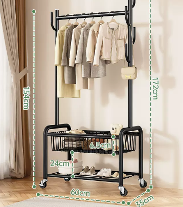 Hot recommended indoor wheeled storage rack, coat rack and coat rack (black double layer) (size: 60*35*172*154*24*6.5CM)