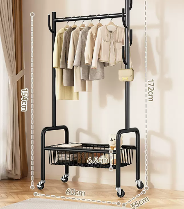 Hot recommendation indoor wheeled storage rack, coat rack (black single layer) (size: 60*35*172*154*6.5CM)