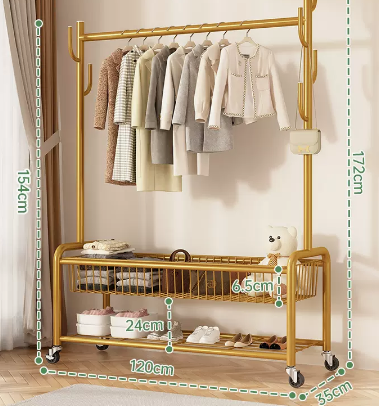 Hot recommended indoor wheeled storage rack, coat rack and coat rack (gold double layer) (size: 120*35*172*154*24*6.5CM)
