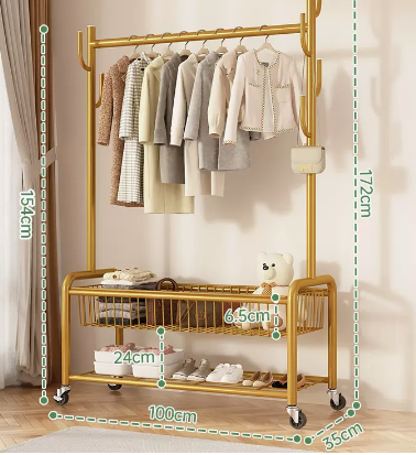 Hot recommendation indoor wheeled storage rack, coat rack and coat rack (gold double layer) (size: 100*35*172*154*24*6.5CM)