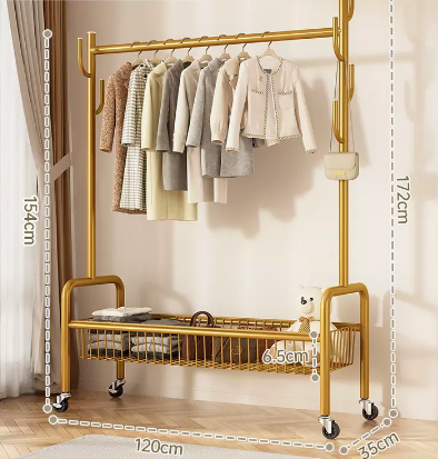 Hot recommended indoor wheeled storage rack, coat rack and coat rack (gold single layer) (size: 120*35*172*154*6.5CM)