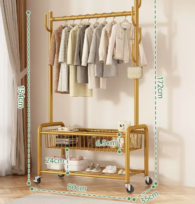 Hot recommended indoor wheeled storage rack, coat rack and coat rack (gold double layer) (size: 80*35*172*154*24*6.5CM)