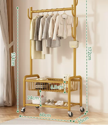 Hot recommended indoor wheeled storage rack, coat rack and coat rack (gold double layer) (size: 60*35*172*154*24*6.5CM)