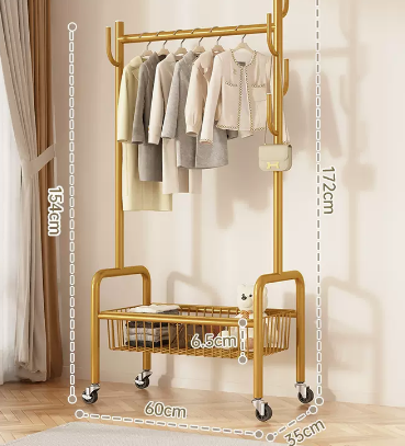 Hot recommended indoor wheeled storage rack, coat rack and coat rack (gold single layer) (size: 60*35*172*154*6.5CM)