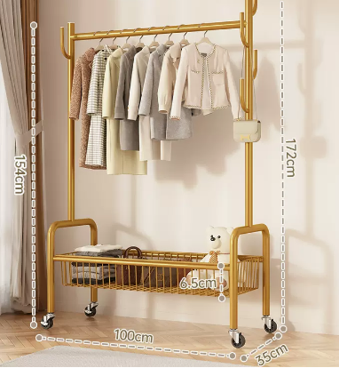 Hot recommended indoor wheeled storage rack, coat rack and coat rack (gold single layer) (size: 100*35*172*154*6.5CM)