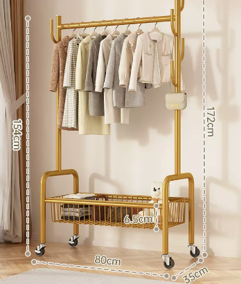 Hot recommended indoor wheeled storage rack, coat rack and coat rack (gold single layer) (size: 80*35*172*154*6.5CM)