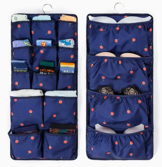 Popular hanging storage bag behind the door, socks and underwear rack, panty rack, sundry bag (dark blue cherry [4 layers + 13 grids]) (size: 36*78cm)