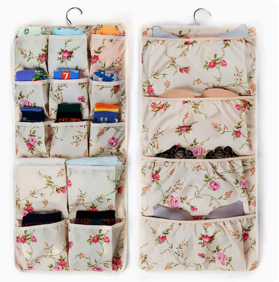 Popular hanging storage bag behind the door, socks and underwear rack, panty rack, sundry bag (beige peony [4 layers + 13 grids]) (size: 36*78cm)