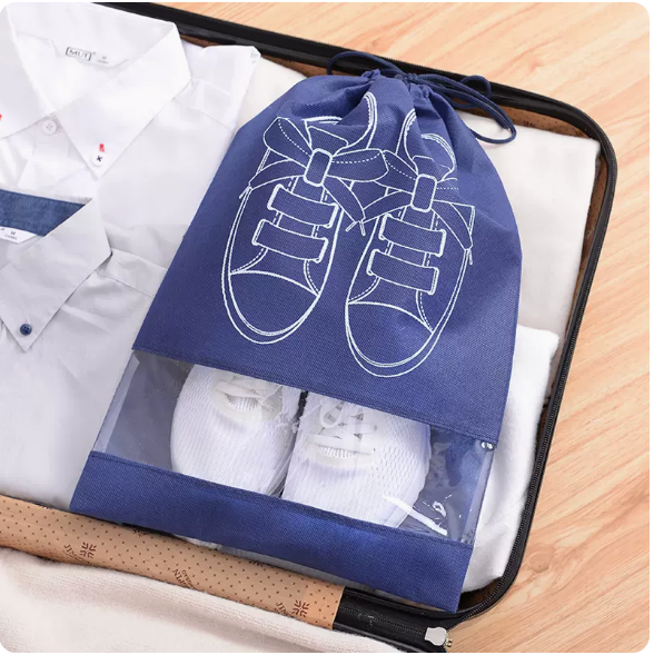 Popular style (pack of 5) drawstring shoe storage bag (printed navy blue small size)