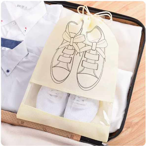 Popular style (pack of 5) drawstring shoe storage bag (printed beige large size)