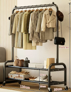 Popular indoor wheeled storage rack, coat rack and coat rack (black double layer) (size: 120*35*160CM)