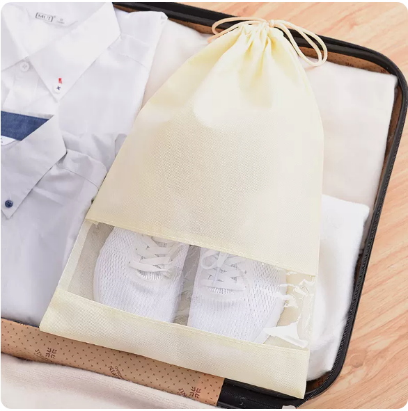 Popular style (pack of 5) drawstring shoe storage bag (beige large size)