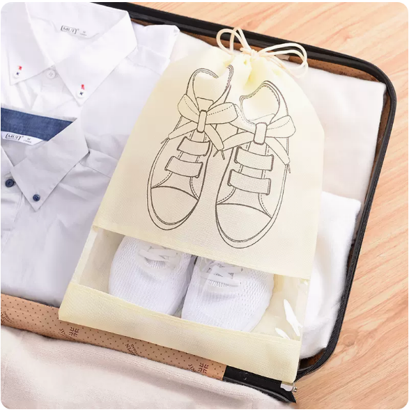 Popular style (pack of 5) drawstring shoe storage bag (printed beige small size)