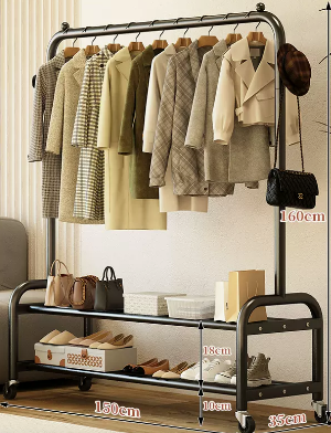 Popular indoor wheeled storage rack, coat rack and coat rack (black double layer) (size: 150*35*160CM)