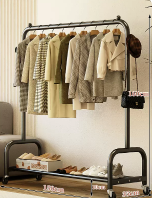 Popular indoor wheeled storage rack, coat rack and coat rack (black single layer) (size: 150*35*160CM)
