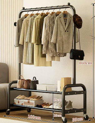Popular indoor wheeled storage rack, coat rack and coat rack (black double layer) (size: 100*35*160CM)