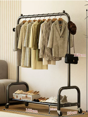 Popular indoor wheeled storage rack, coat rack and coat rack (black single layer) (size: 100*35*160CM)