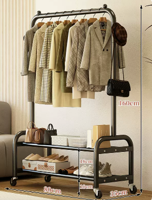 Popular indoor wheeled storage rack, coat rack and coat rack (black double layer) (size: 80*35*160CM)