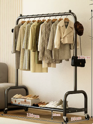 Popular indoor storage rack with wheels, coat rack and coat rack (black single layer) (size: 120*35*160CM)