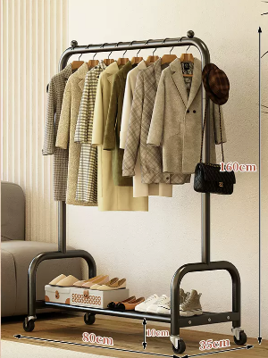 Popular indoor wheeled storage rack, coat rack (black single layer) (size: 80*35*160CM)