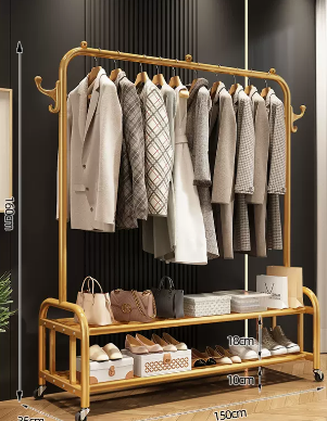 Popular indoor wheeled storage rack, coat rack and coat rack (gold double layer) (size: 150*35*160CM)