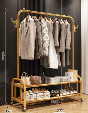 Popular indoor wheeled storage rack, coat rack and coat rack (gold double layer) (size: 120*35*160CM)