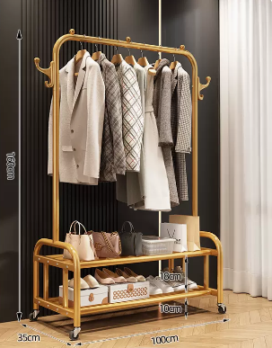 Popular indoor wheeled storage rack, coat rack and coat rack (gold double layer) (size: 100*35*160CM)