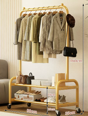 Popular indoor wheeled storage rack, coat rack and coat rack (gold double layer) (size: 80*35*160CM)