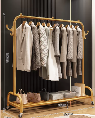 Popular indoor storage rack with wheels, coat rack and coat rack (gold single layer) (size: 150*35*160CM)